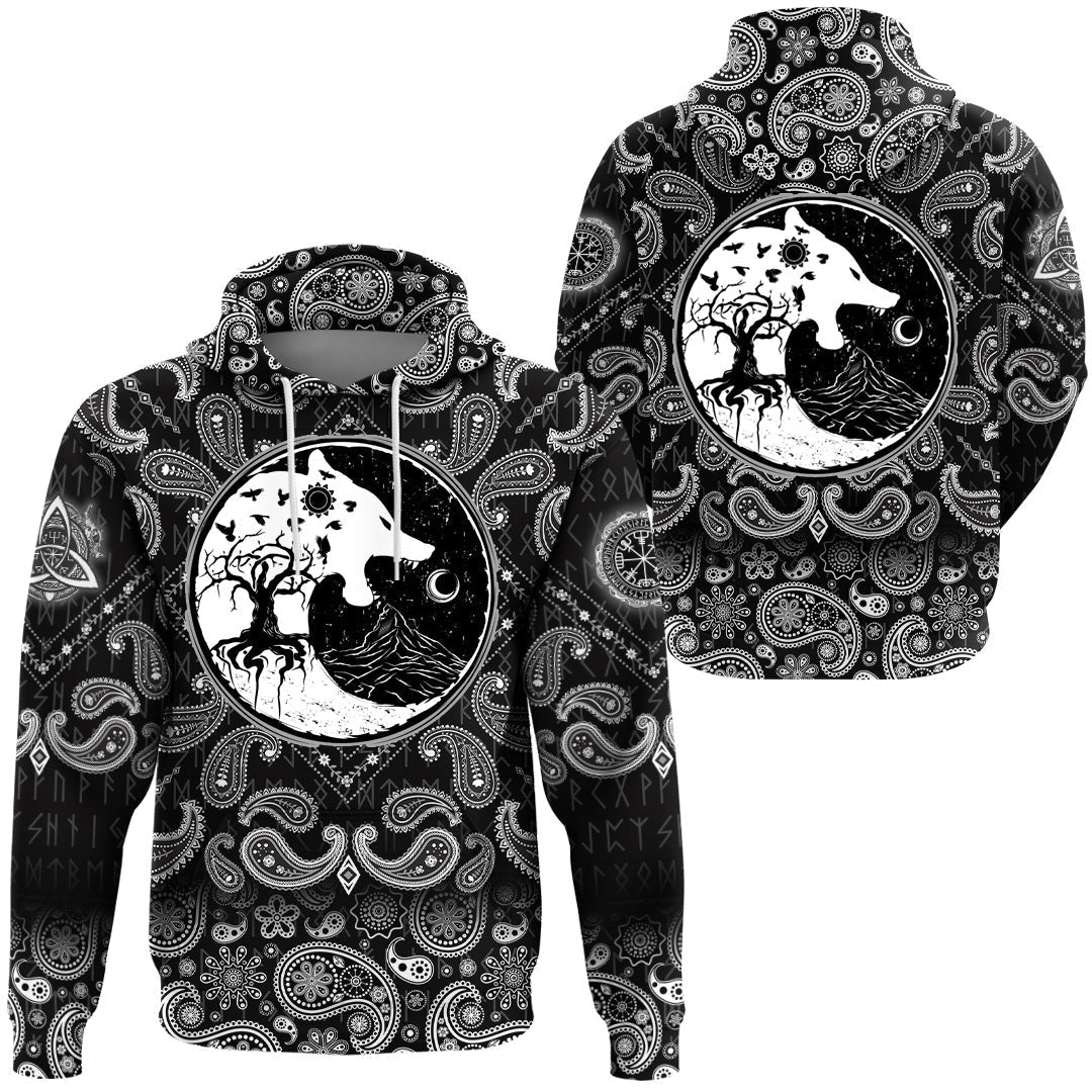 Viking Hoodie Wolf Swallowing Of The Moon World Tree Raven with Bandana Paisley Style RLT12