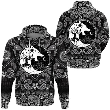 Viking Hoodie Wolf Swallowing Of The Moon World Tree Raven with Bandana Paisley Style RLT12