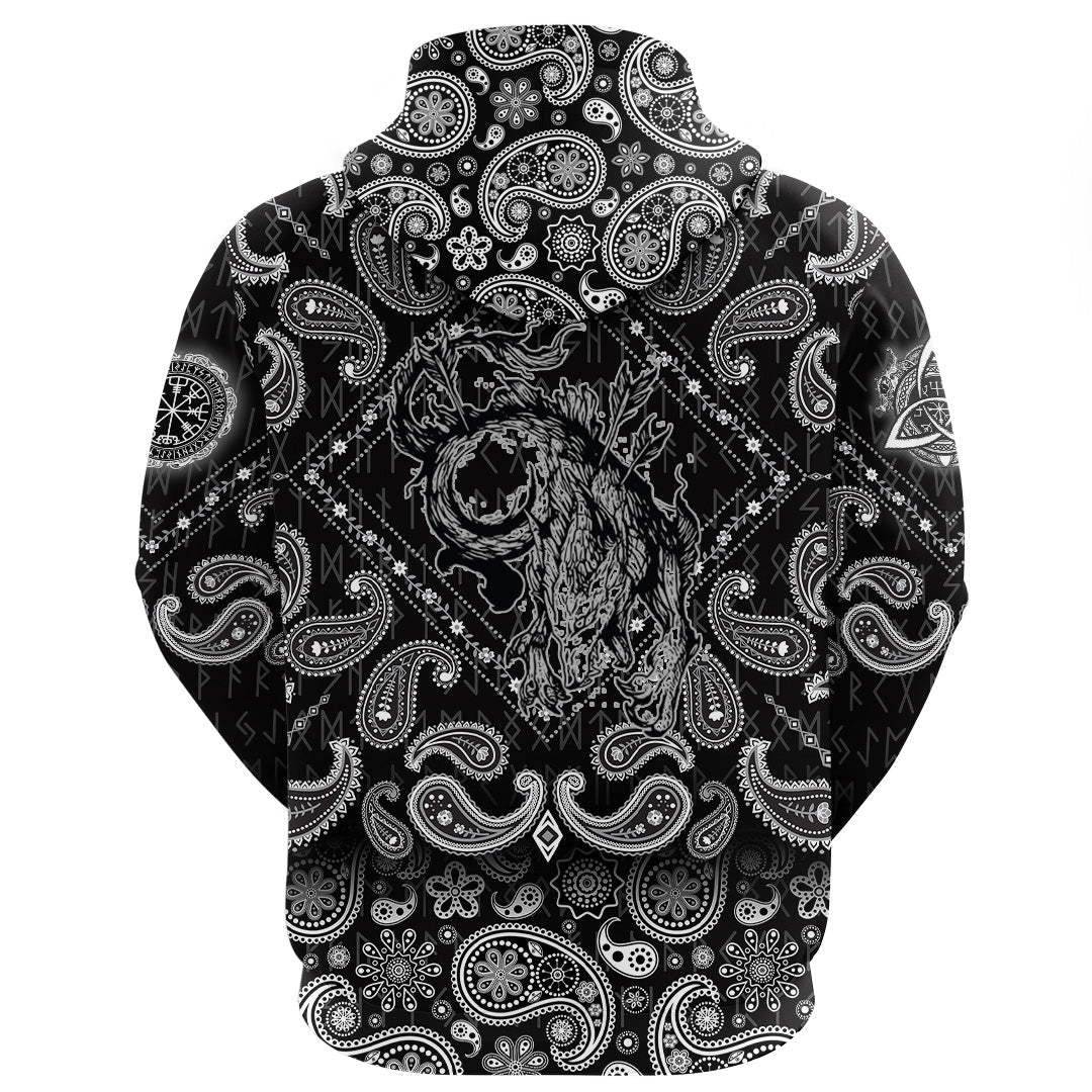 Viking Hoodie Wolf and Moon with Bandana Paisley Style RLT12