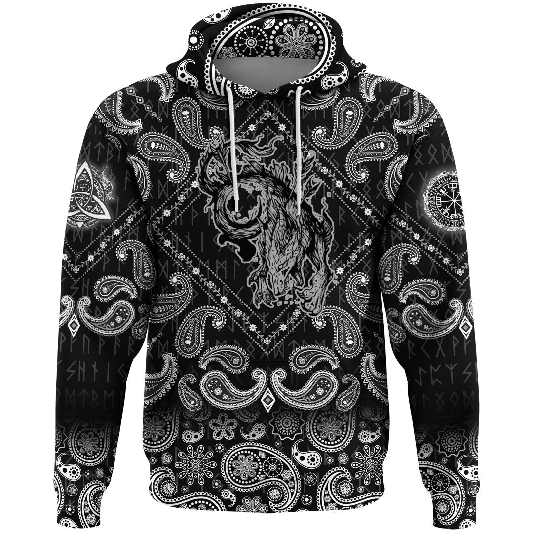 Viking Hoodie Wolf and Moon with Bandana Paisley Style RLT12