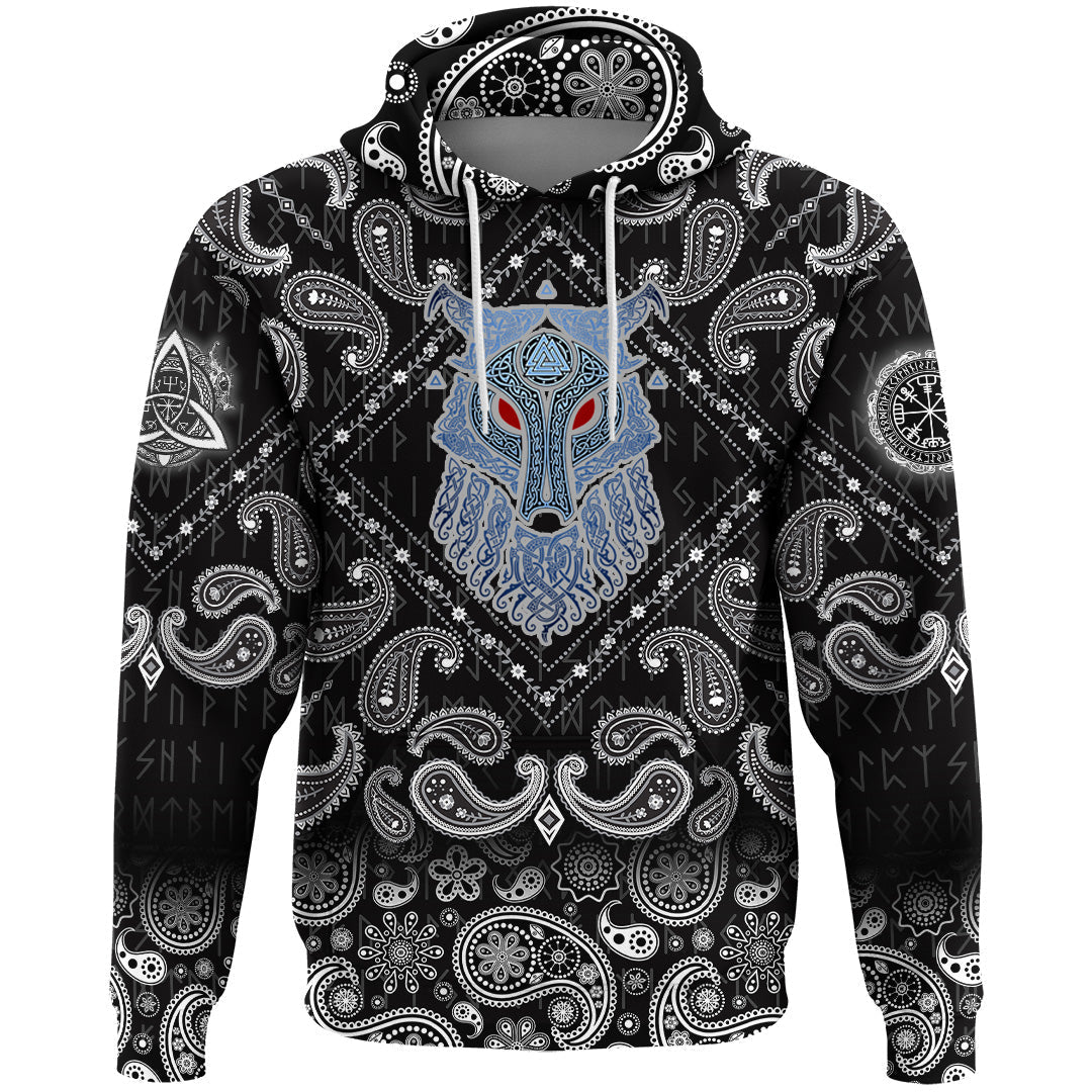 Viking Hoodie Wolf and Valknut with Bandana Paisley Style RLT12