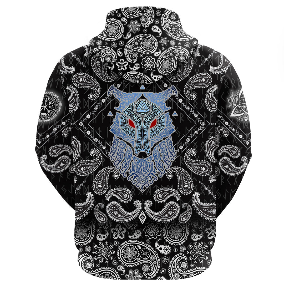 Viking Hoodie Wolf and Valknut with Bandana Paisley Style RLT12