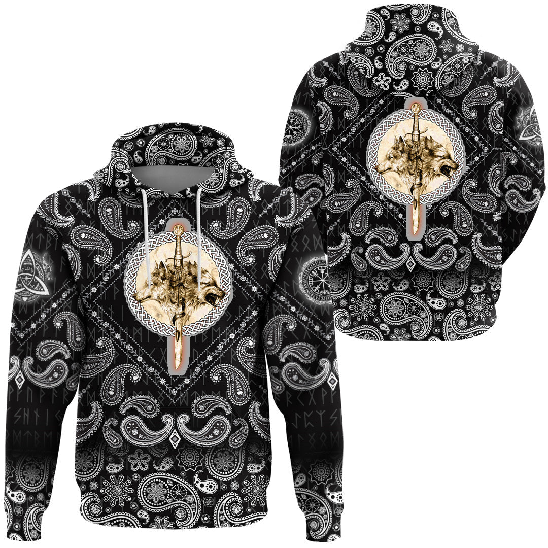 Viking Hoodie Wolfs and Sword with Bandana Paisley Style RLT12