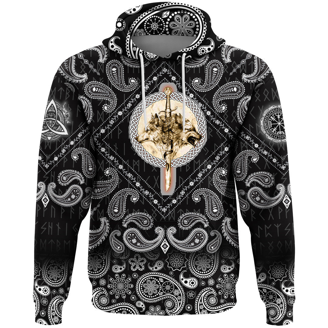 Viking Hoodie Wolfs and Sword with Bandana Paisley Style RLT12
