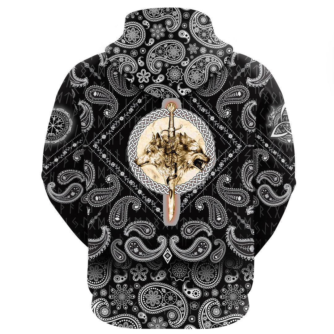 Viking Hoodie Wolfs and Sword with Bandana Paisley Style RLT12