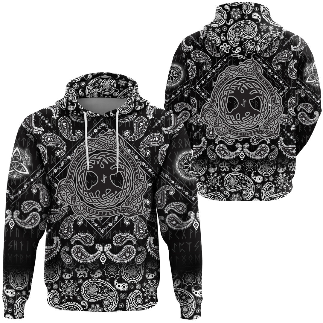 Viking Hoodie Yggdrasil Scandinavian The Tree Yggdrasil In Nordic Pattern with Bandana Paisley Style RLT12