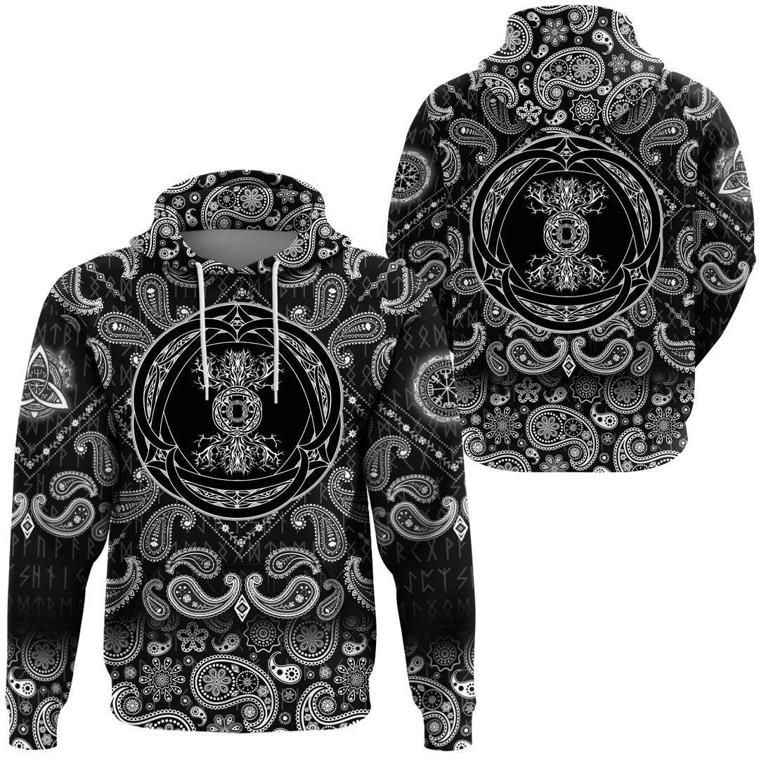 Viking Hoodie Yggdrasil Tree Of Life In Tribal Celtic with Bandana Paisley Style RLT12