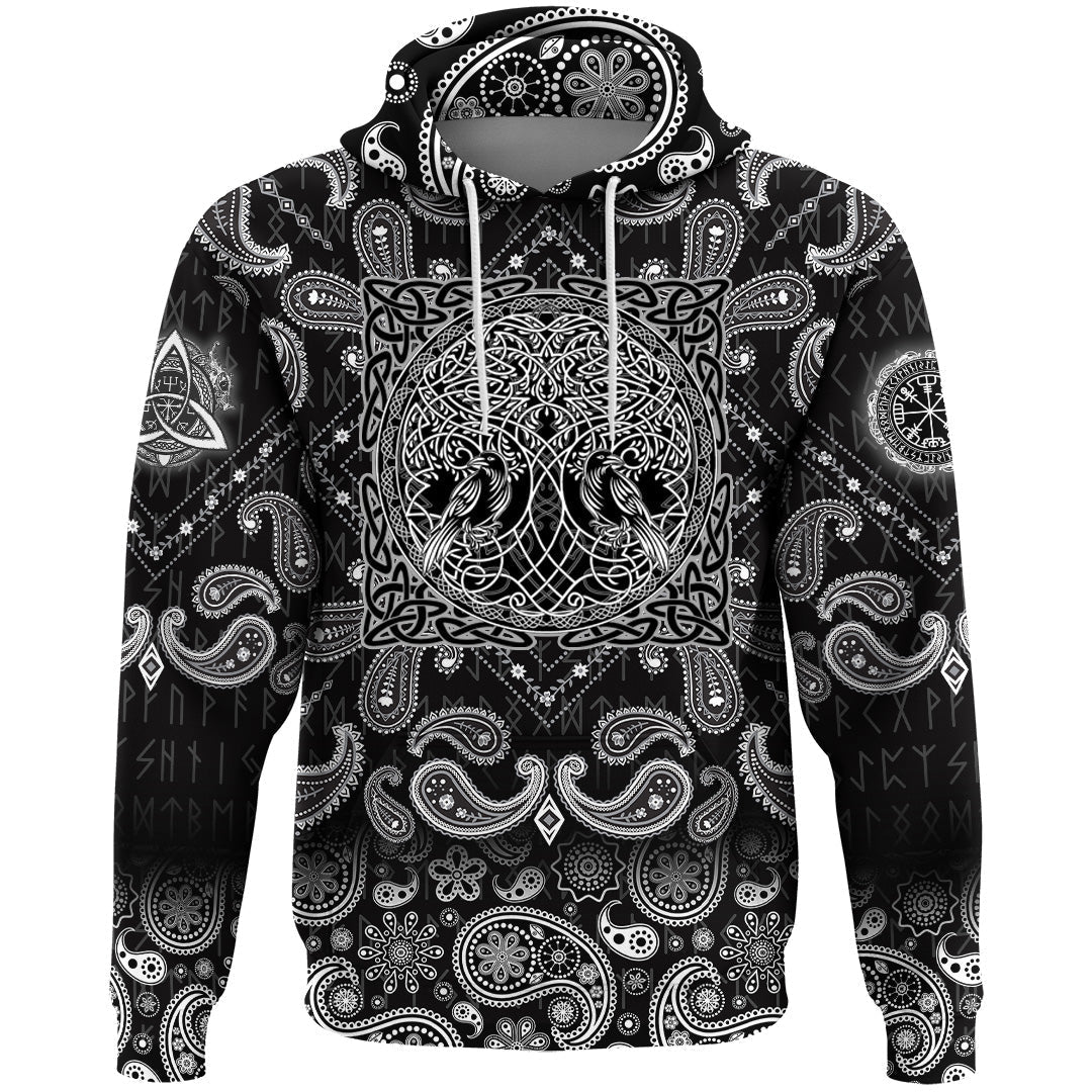 Viking Hoodie Yggdrasil Tree Of Life Raven Huginn and Muninn Ravens Of Odin with Bandana Paisley Style RLT12