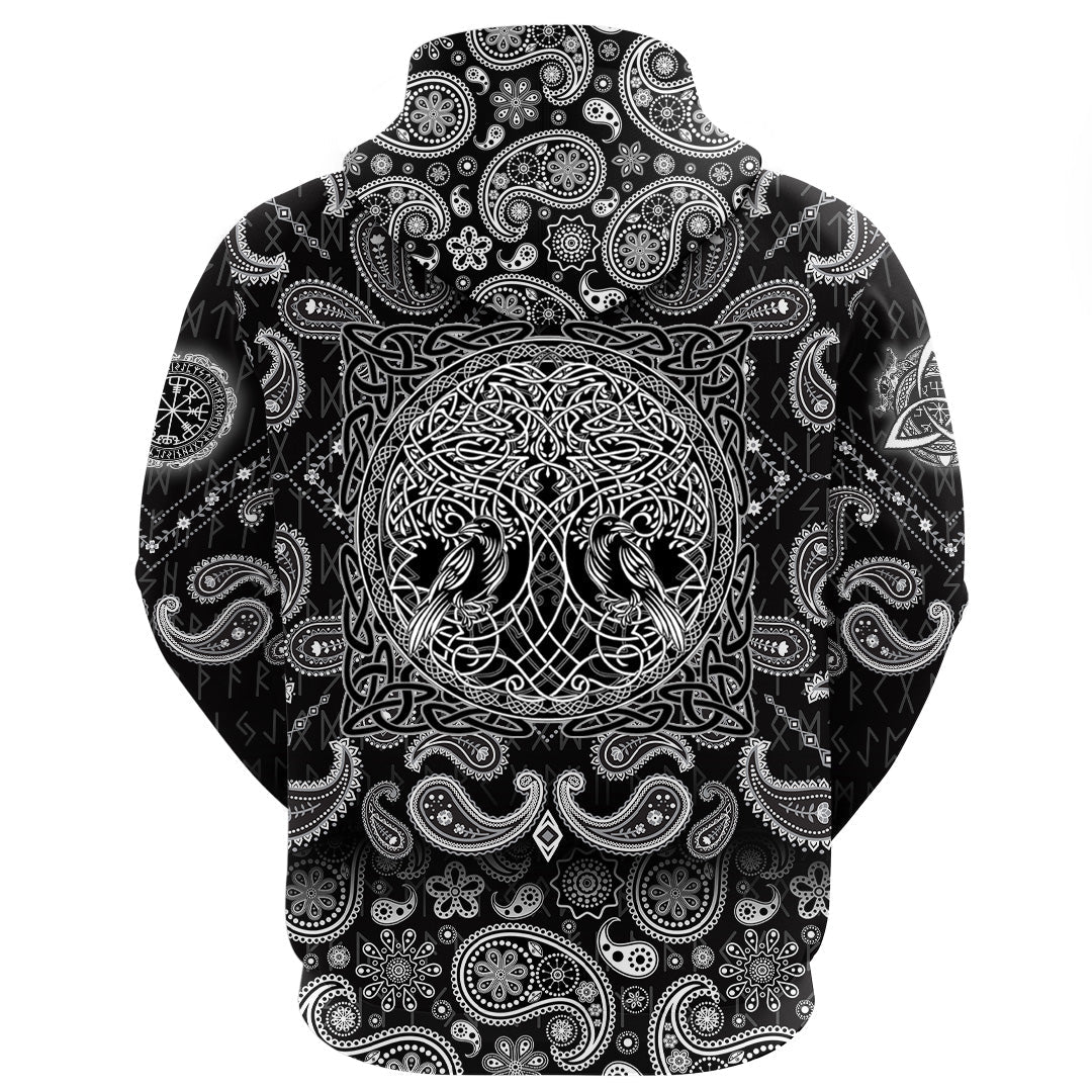 Viking Hoodie Yggdrasil Tree Of Life Raven Huginn and Muninn Ravens Of Odin with Bandana Paisley Style RLT12