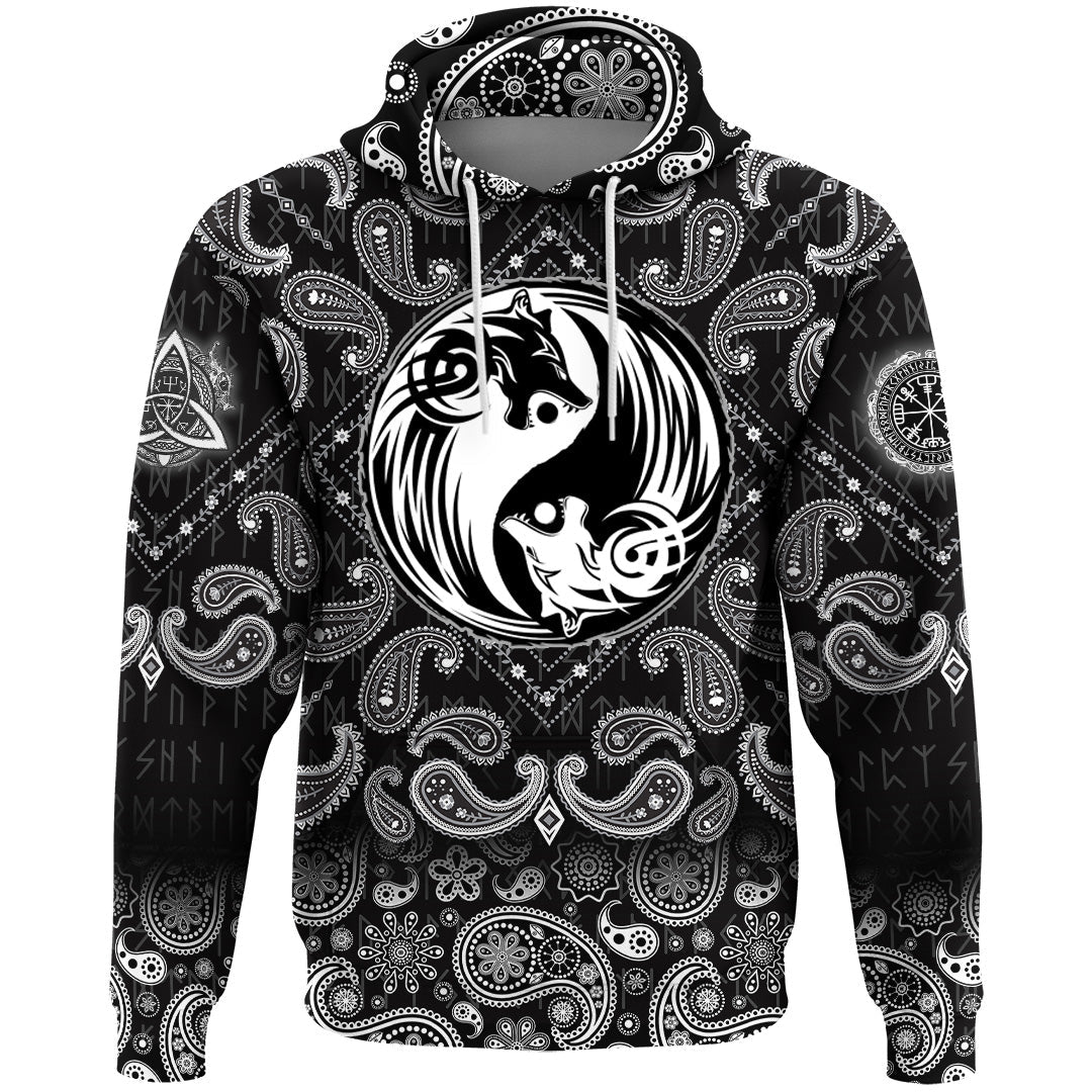 Viking Hoodie Yin and Yang Wolf Swallowing Of The Sun with Bandana Paisley Style RLT12
