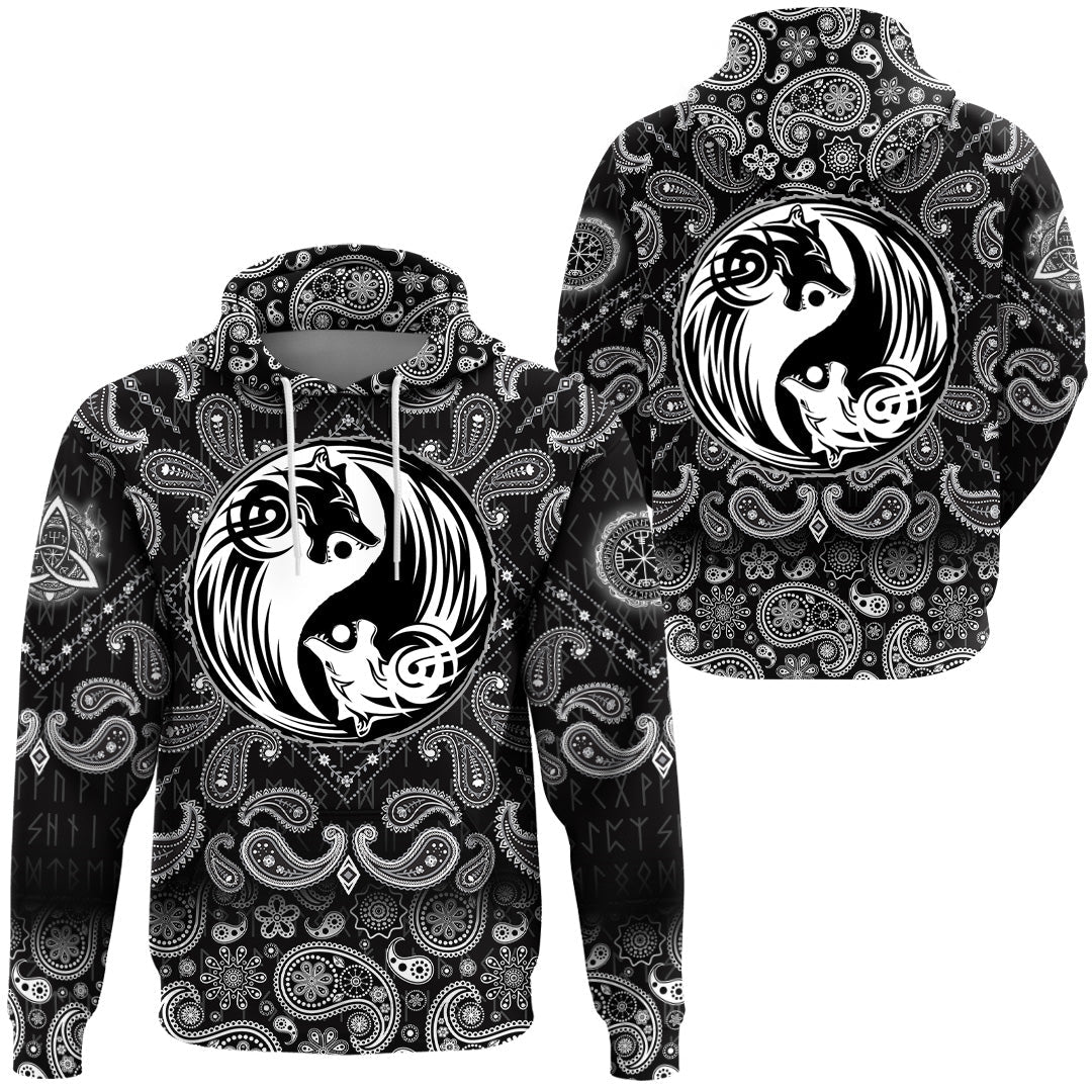 Viking Hoodie Yin and Yang Wolf Swallowing Of The Sun with Bandana Paisley Style RLT12