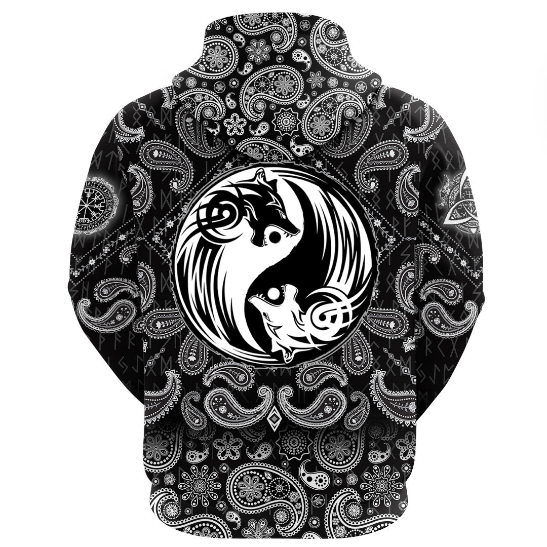 Viking Hoodie Yin and Yang Wolf Swallowing Of The Sun with Bandana Paisley Style RLT12