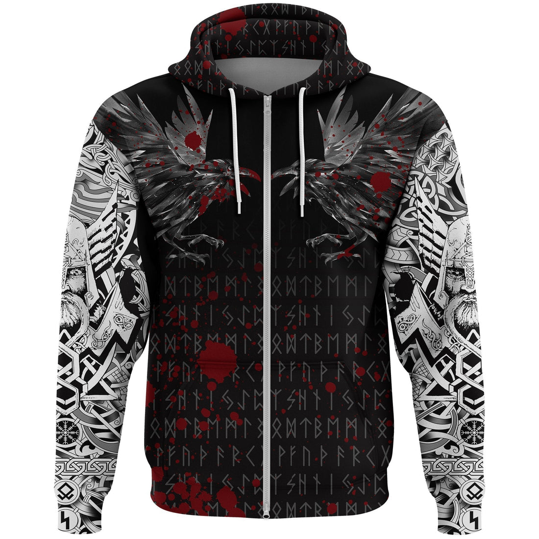 Viking Zip Hoodie - Odin Huginn and Muninn Rune Blood RLT12