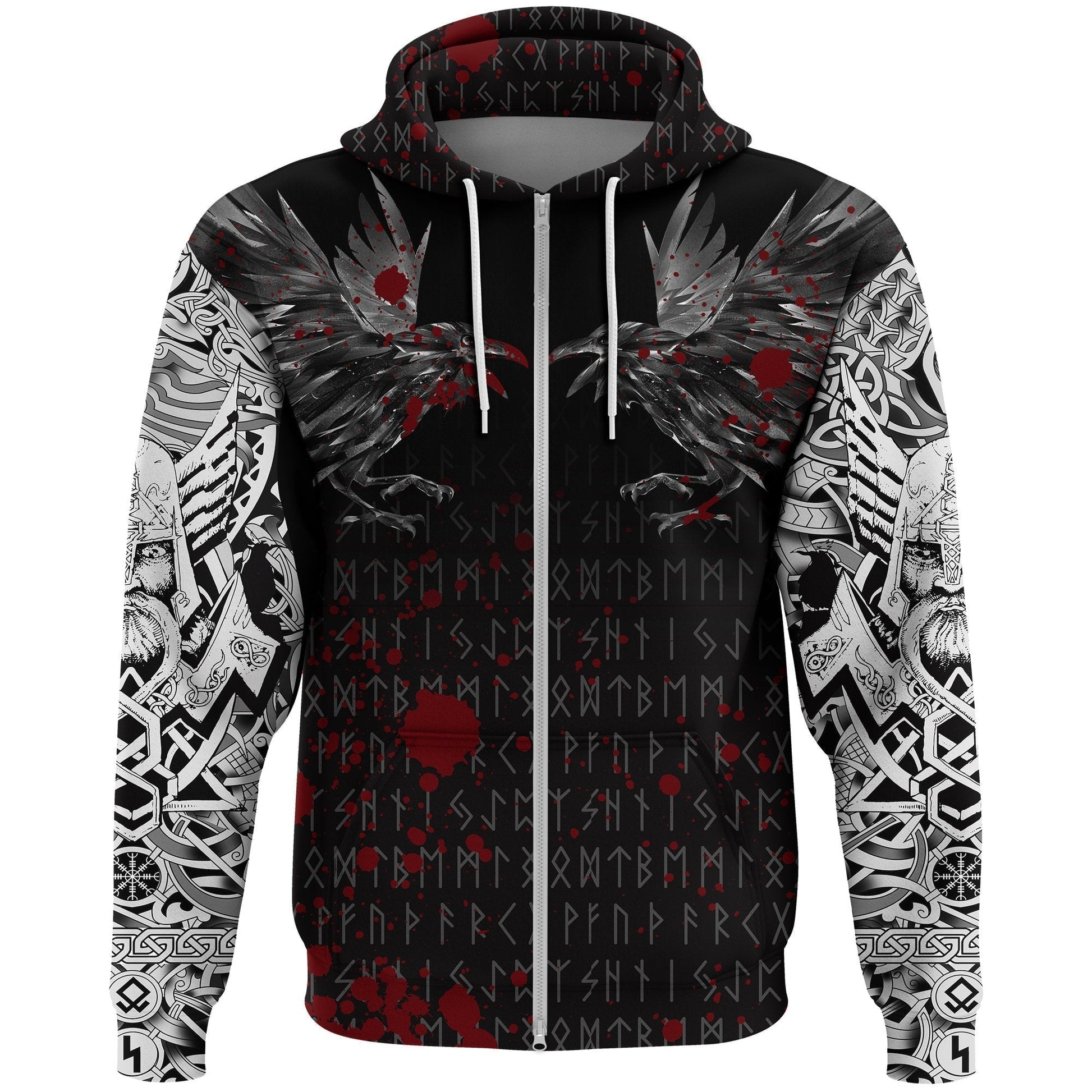 Viking Zip Hoodie - Odin Huginn and Muninn Rune Blood RLT12