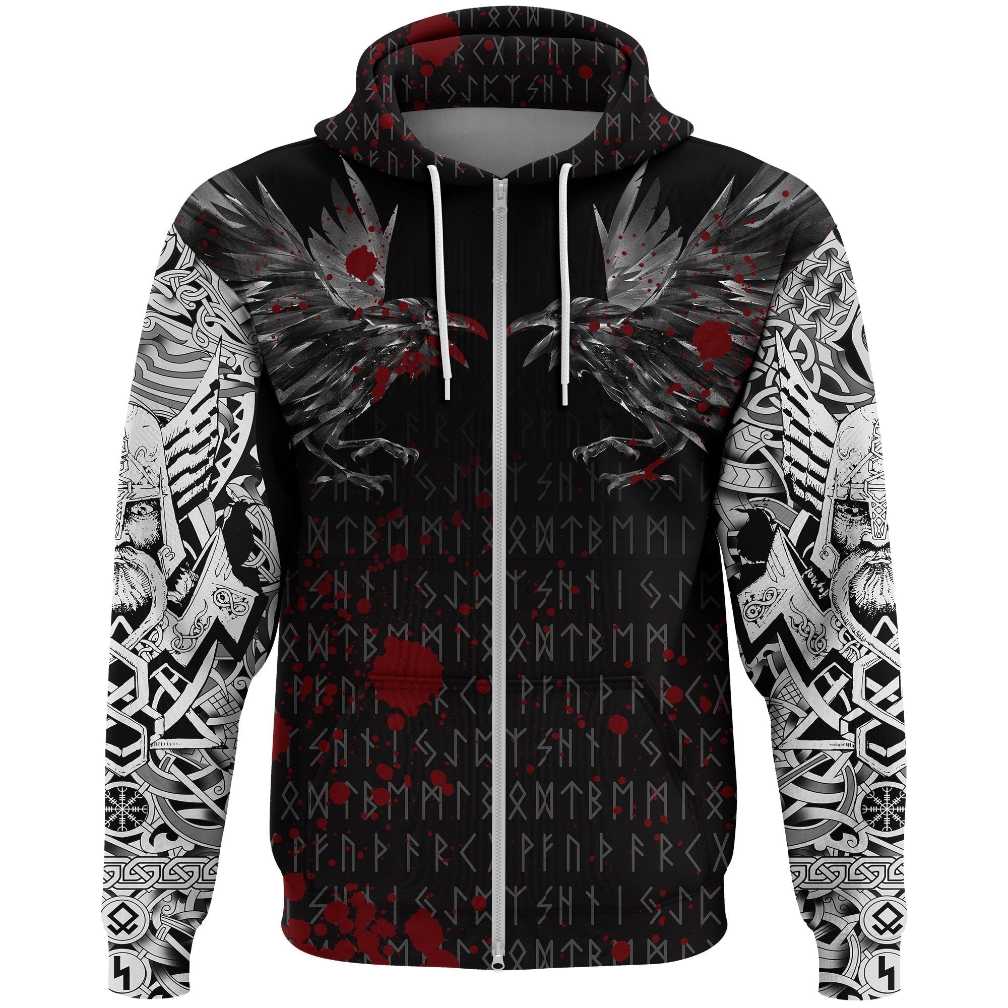 Viking Zip Hoodie - Odin Huginn and Muninn Rune Blood RLT12