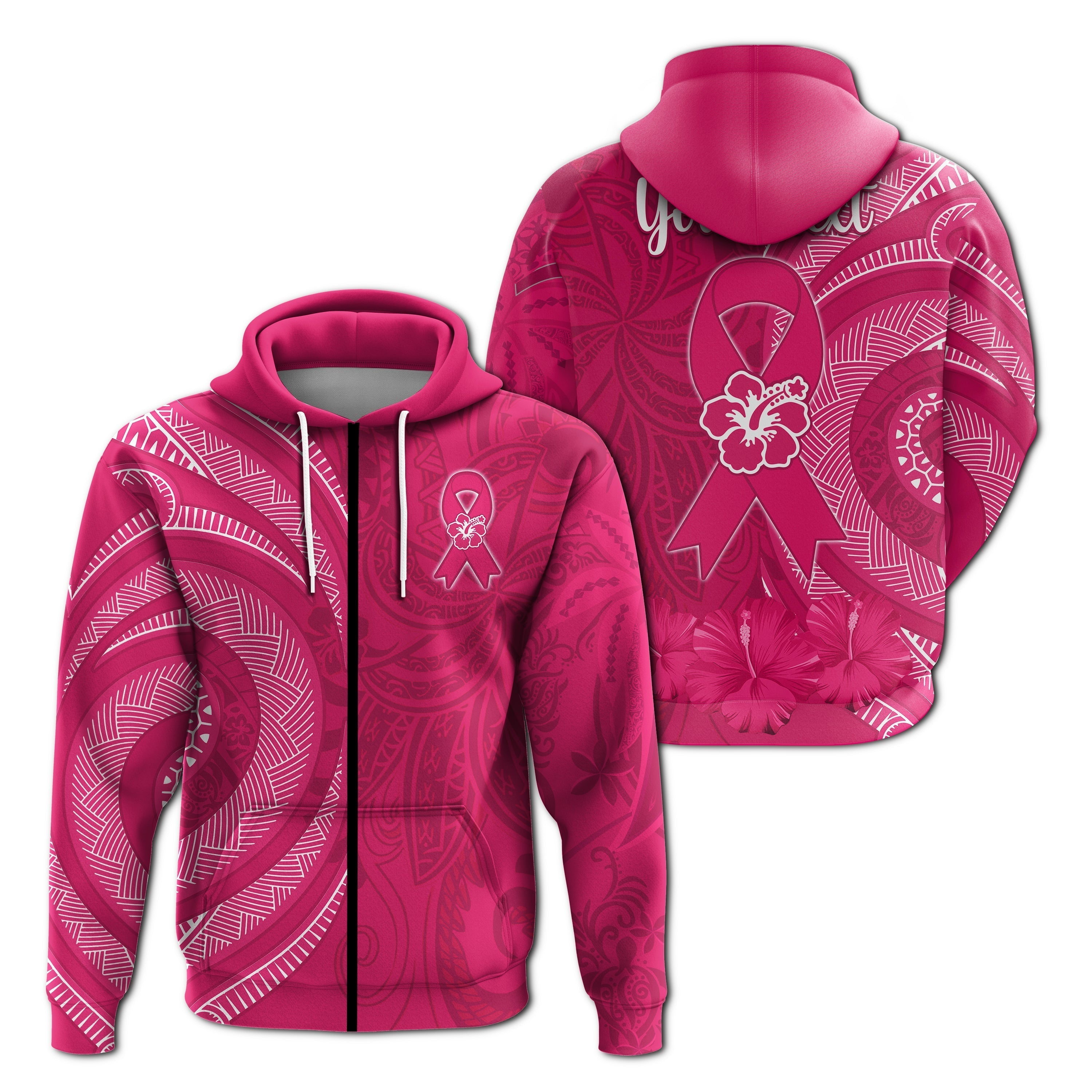 Custom Personalised Breast Cancer Awareness Hoodie Hibiscus Polynesian No One Fights Alone LT13