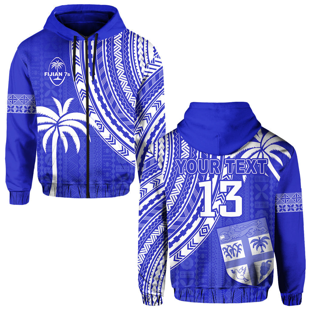 Custom Text and Number Fiji Rugby Sevens Hoodie Fijian 7s Tapa Polynesian Blue Ver.02 LT13