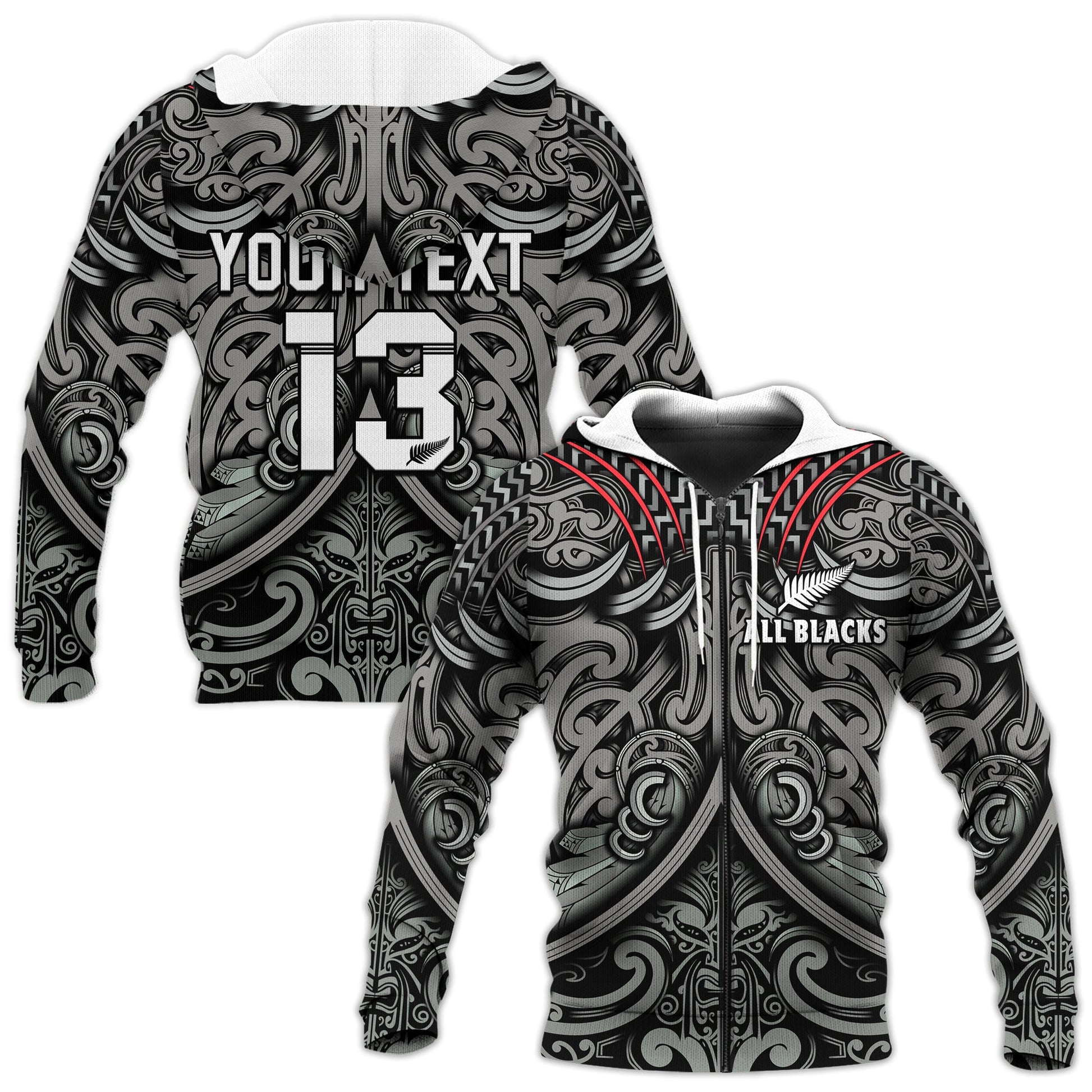 Custom Text and Number New Zealand Silver Fern Rugby Hoodie All Black NZ Maori Pattern LT13
