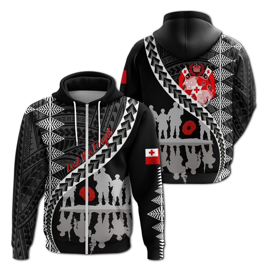 Tonga ANZAC Day Black and White Zip Up Hoodie Lest We Forget LT7