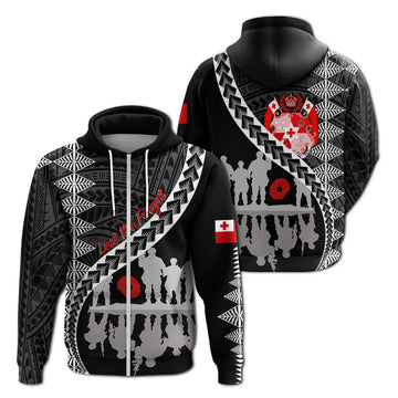 Tonga ANZAC Day Black and White Zip Up Hoodie Lest We Forget LT7