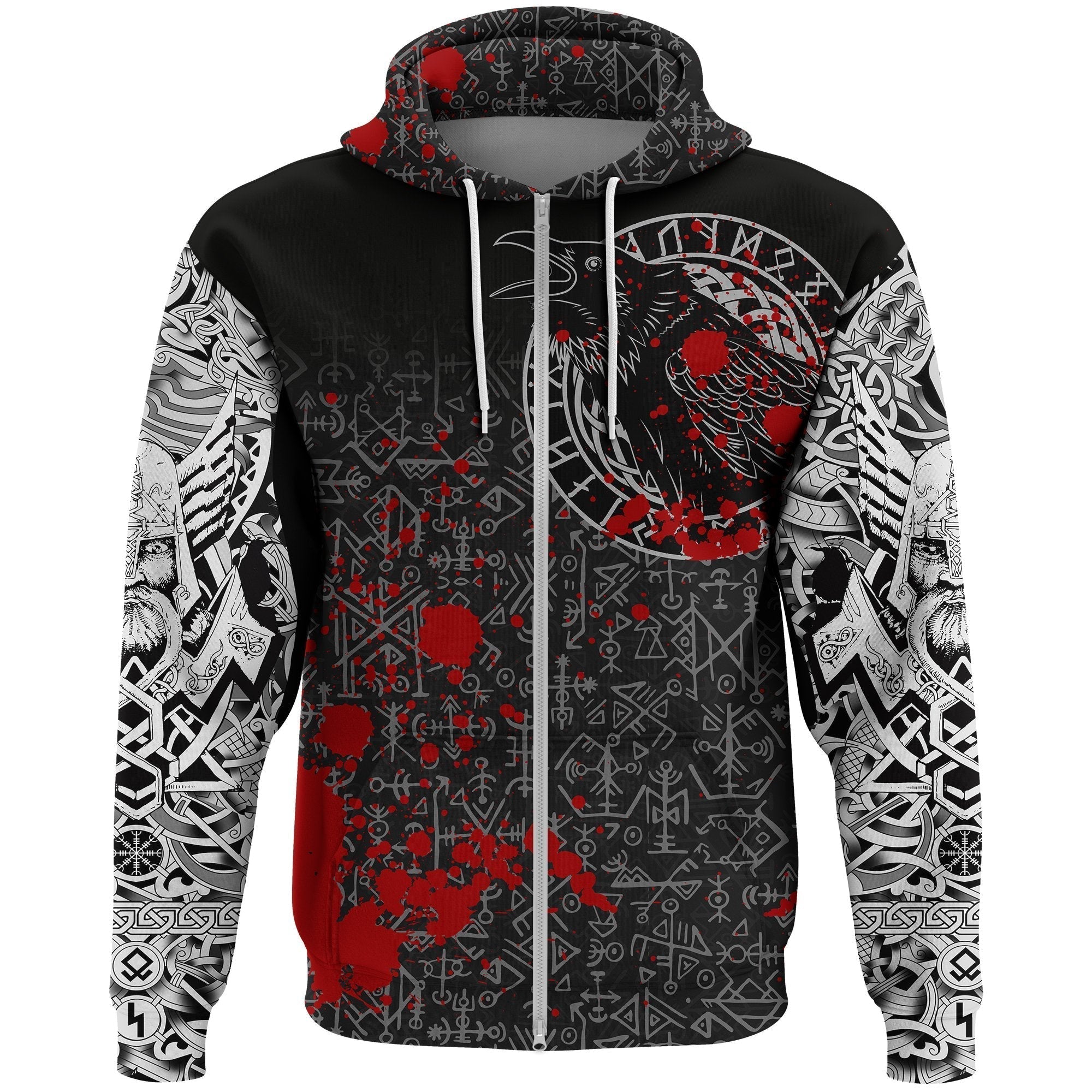 Viking Zip Hoodie - Odin Raven Rune Futhark Blood RLT12