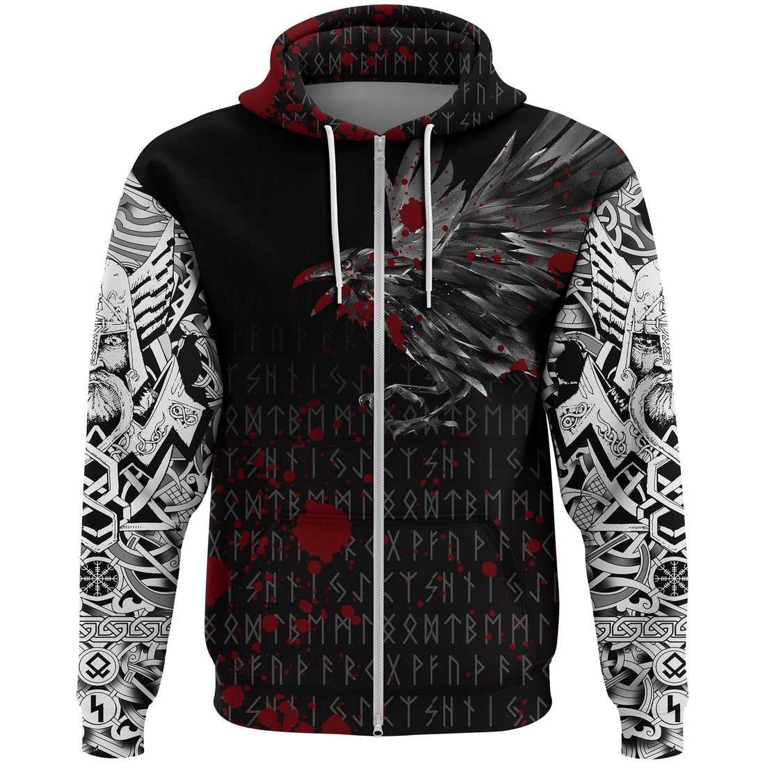 Viking Zip Hoodie - The Raven Of Odin Rune Blood RLT12