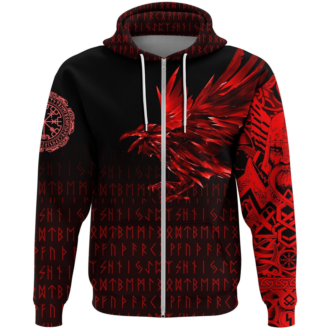 Viking Zip Hoodie - The Raven Of Odin Rune, Red RLT12