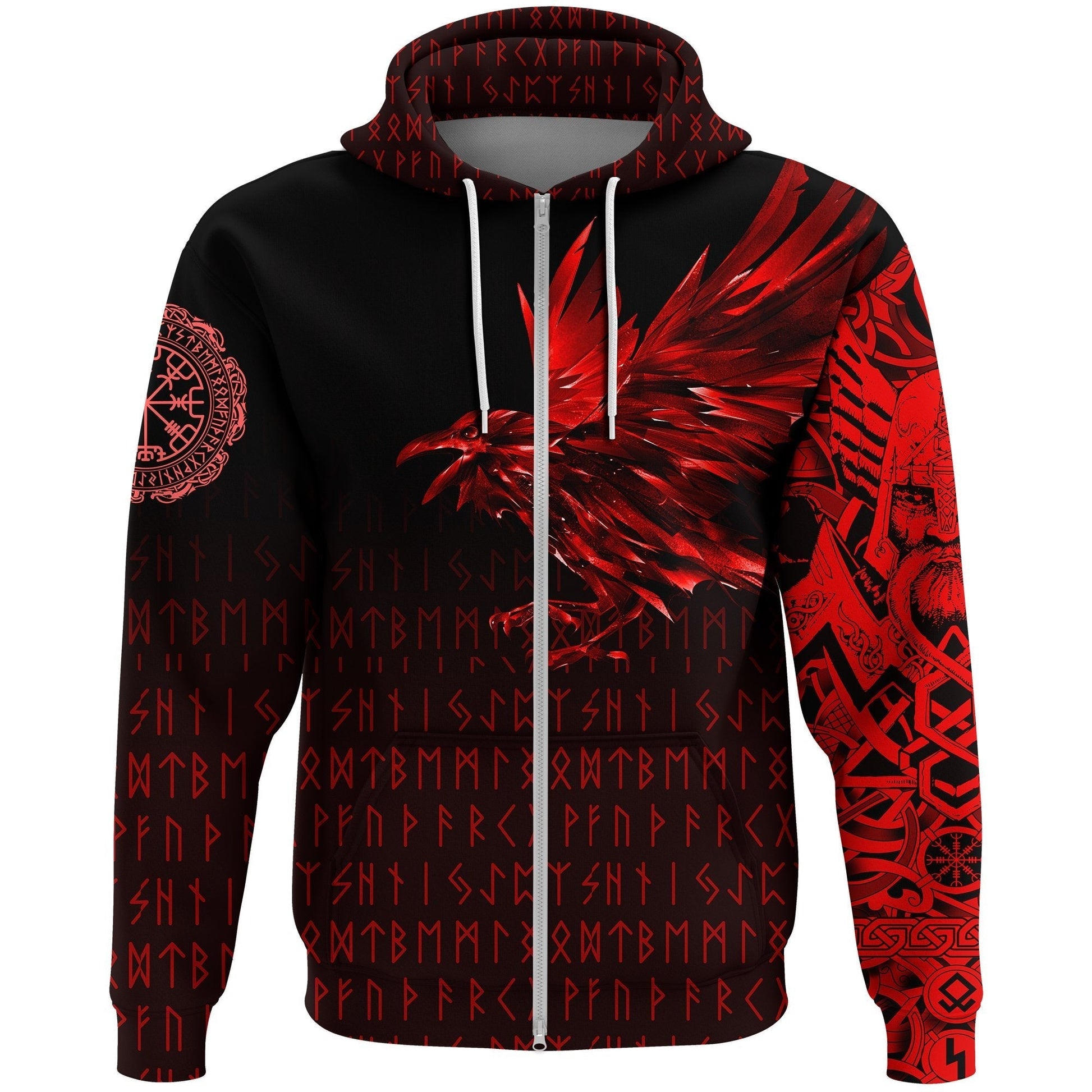 Viking Zip Hoodie - The Raven Of Odin Rune, Red RLT12
