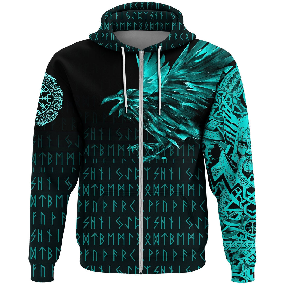 Viking Zip Hoodie - The Raven Of Odin Rune Cyan RLT12