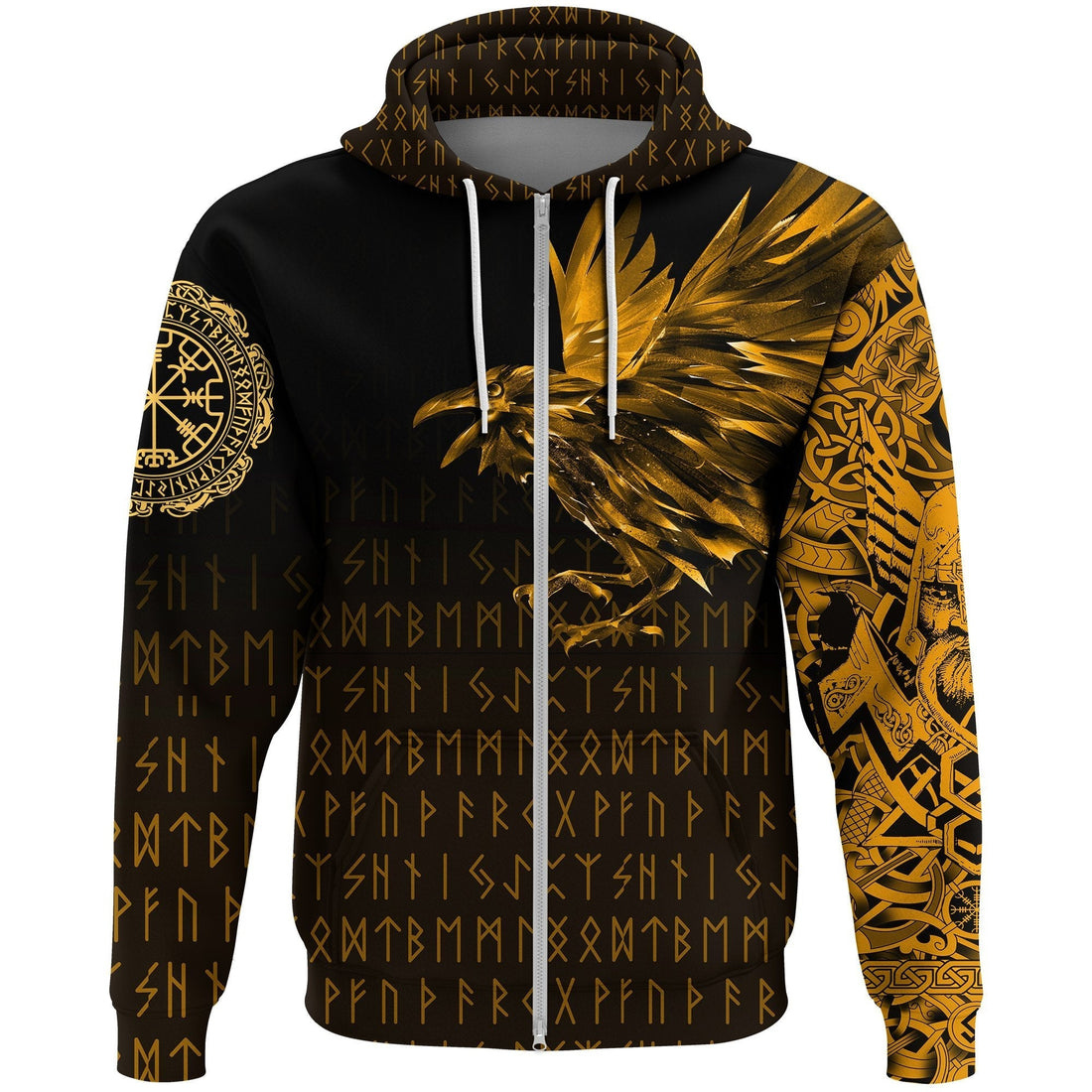 Viking Zip Hoodie - The Raven Of Odin Rune, Gold RLT12