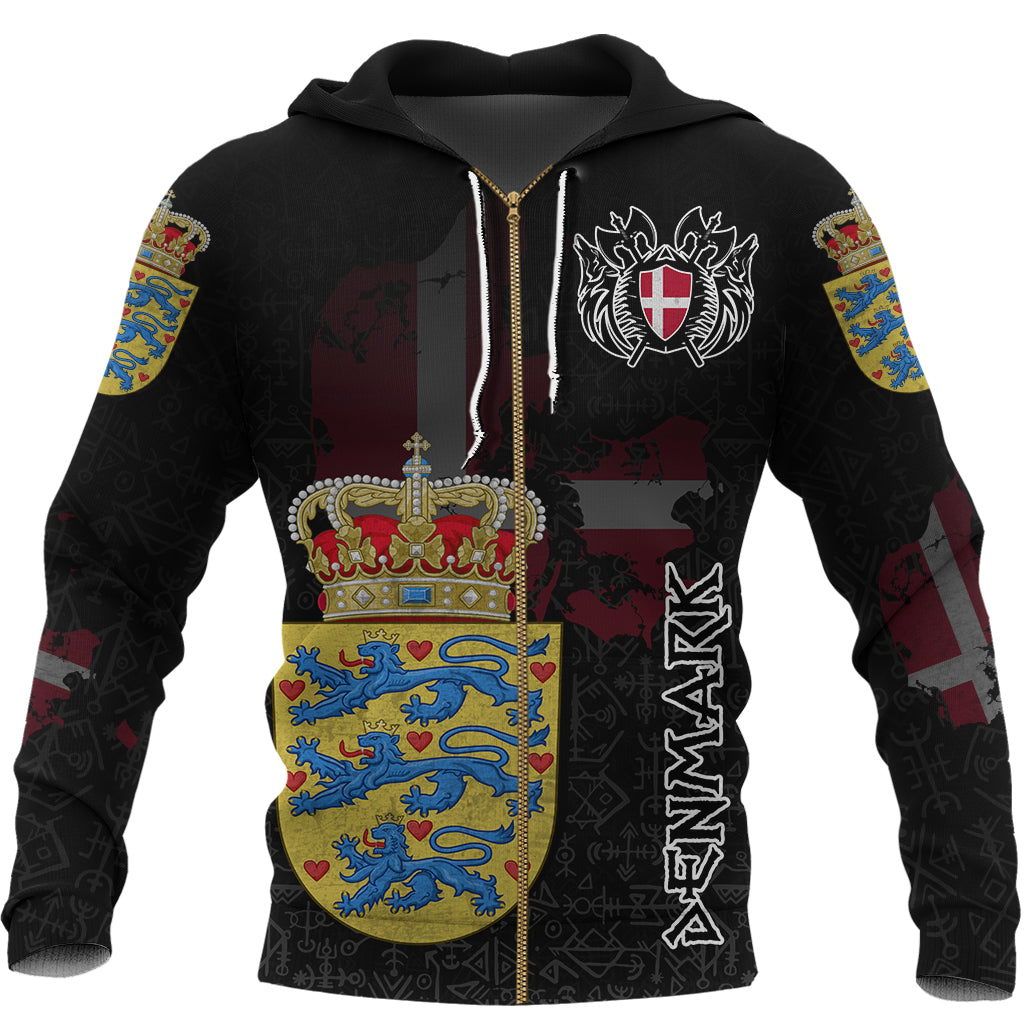 Custom Viking Denmark Flag and Map Zip Hoodiestyle Viking Geri and Freki RLT12