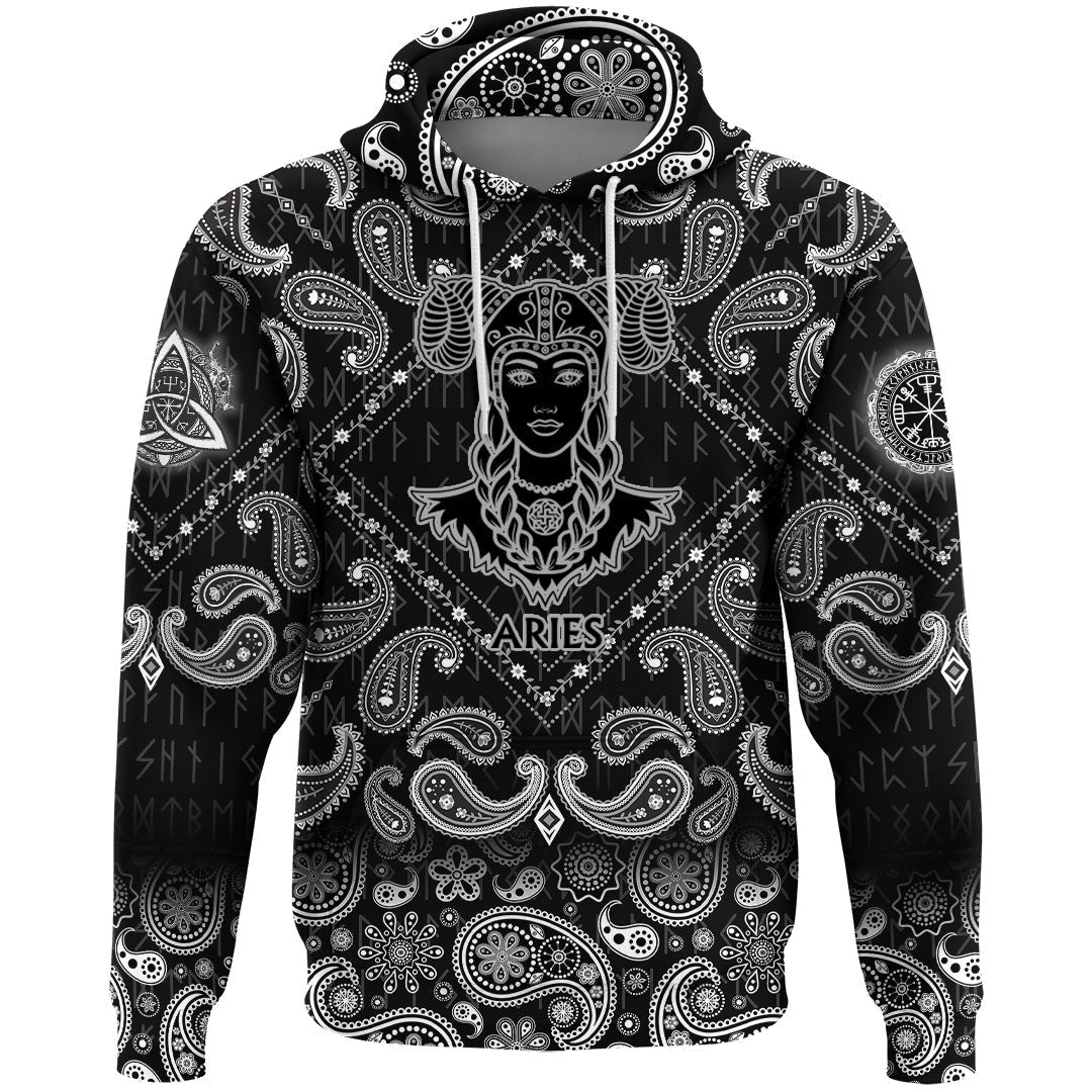 Viking Hoodie Zodiac Sign Aries Fantastic Princess Animation Portrait with Bandana Paisley Style RLT12