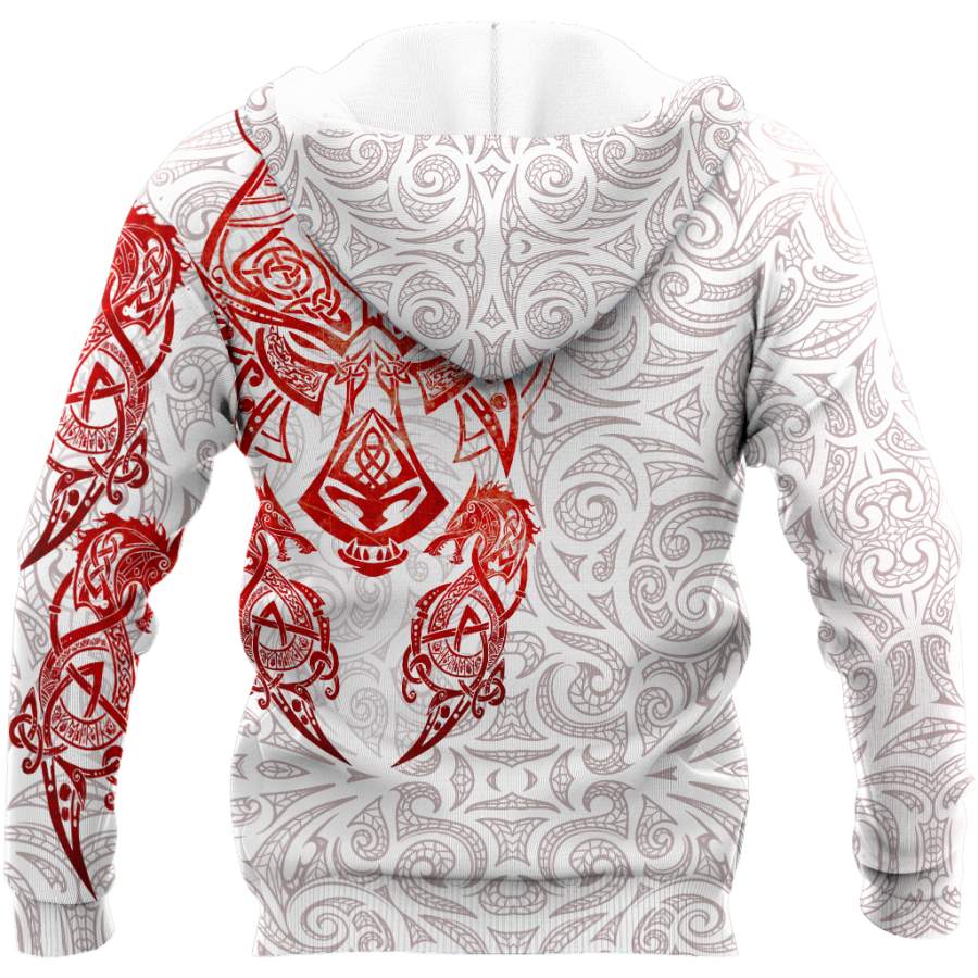 Viking Clothing Red and White Viking Tattoo Dragon Hoodie RLT12