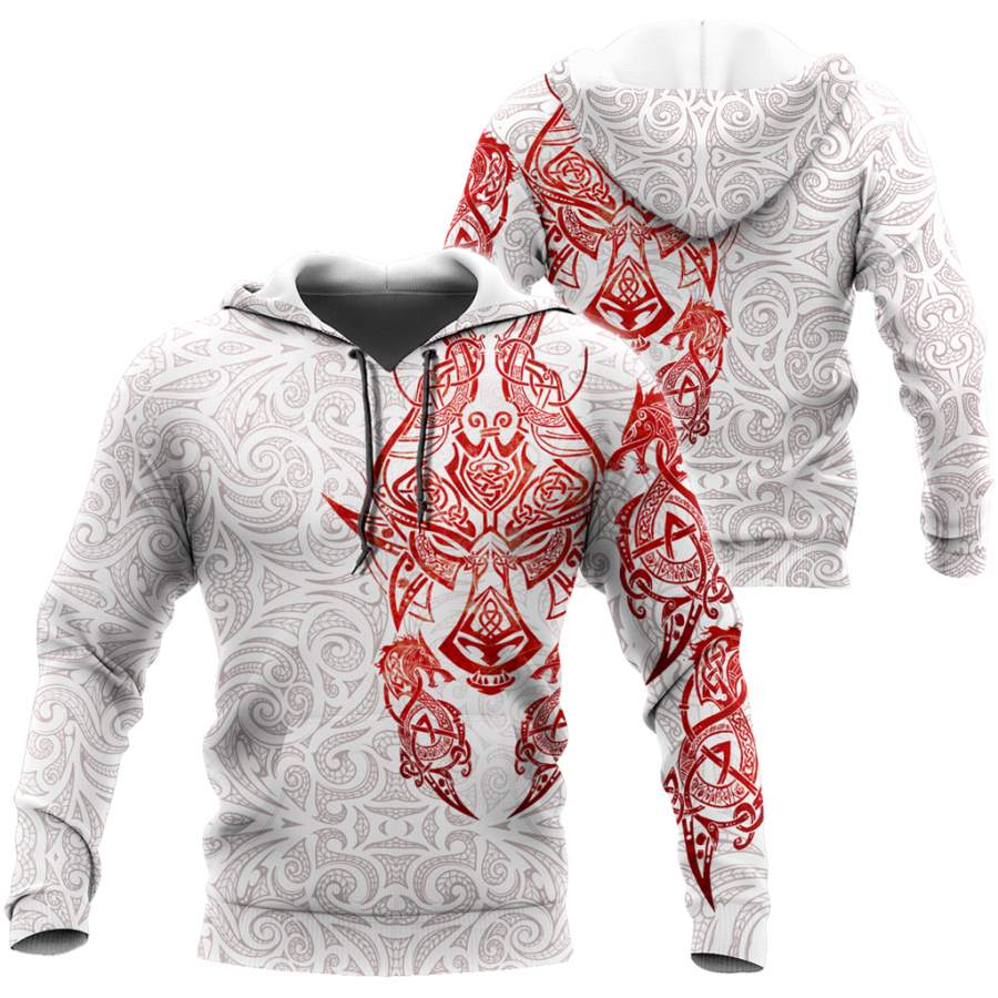Viking Clothing Red and White Viking Tattoo Dragon Hoodie RLT12