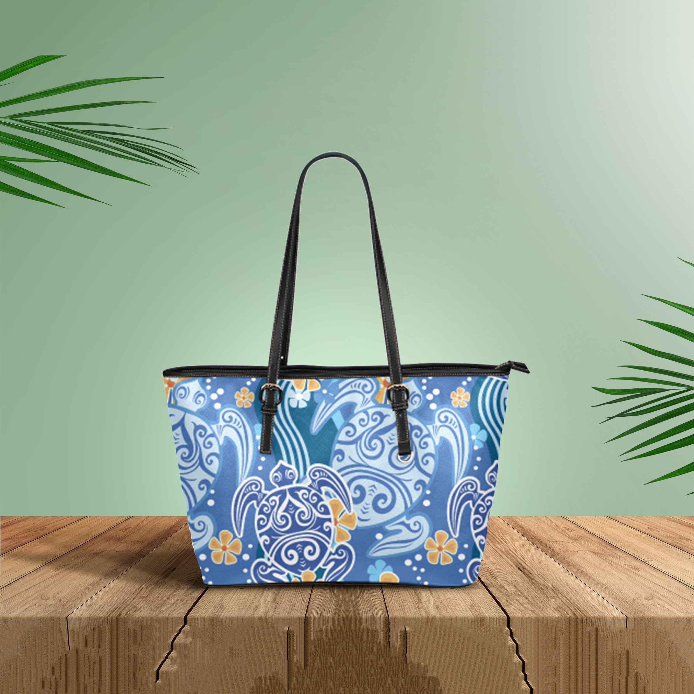 Hawaii Turtle Leather Tote Bag, Plumeria Leather Tote