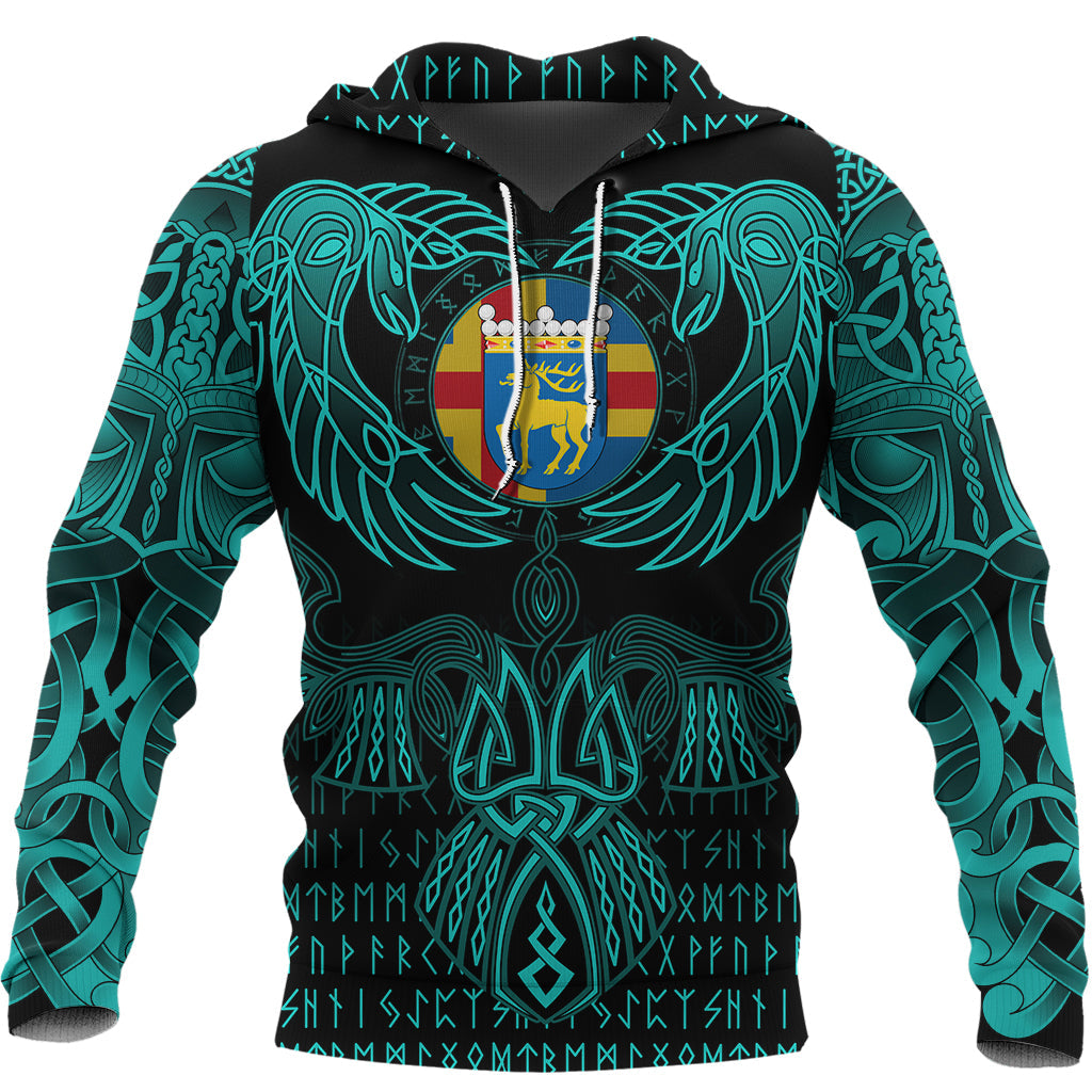 Viking Aaland Islands Hoodie Valknut of Odin Cyan RLT12