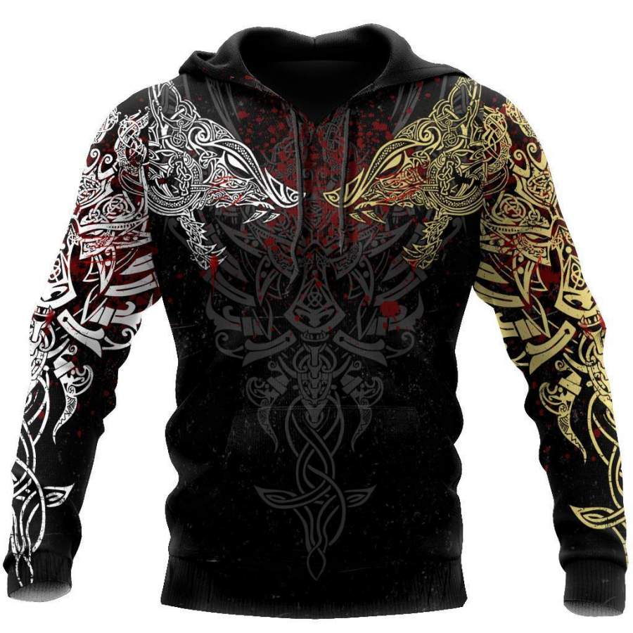 Viking Clothing Geki and Freki Viking Wolf Iii Tattoo Hoodie RLT12