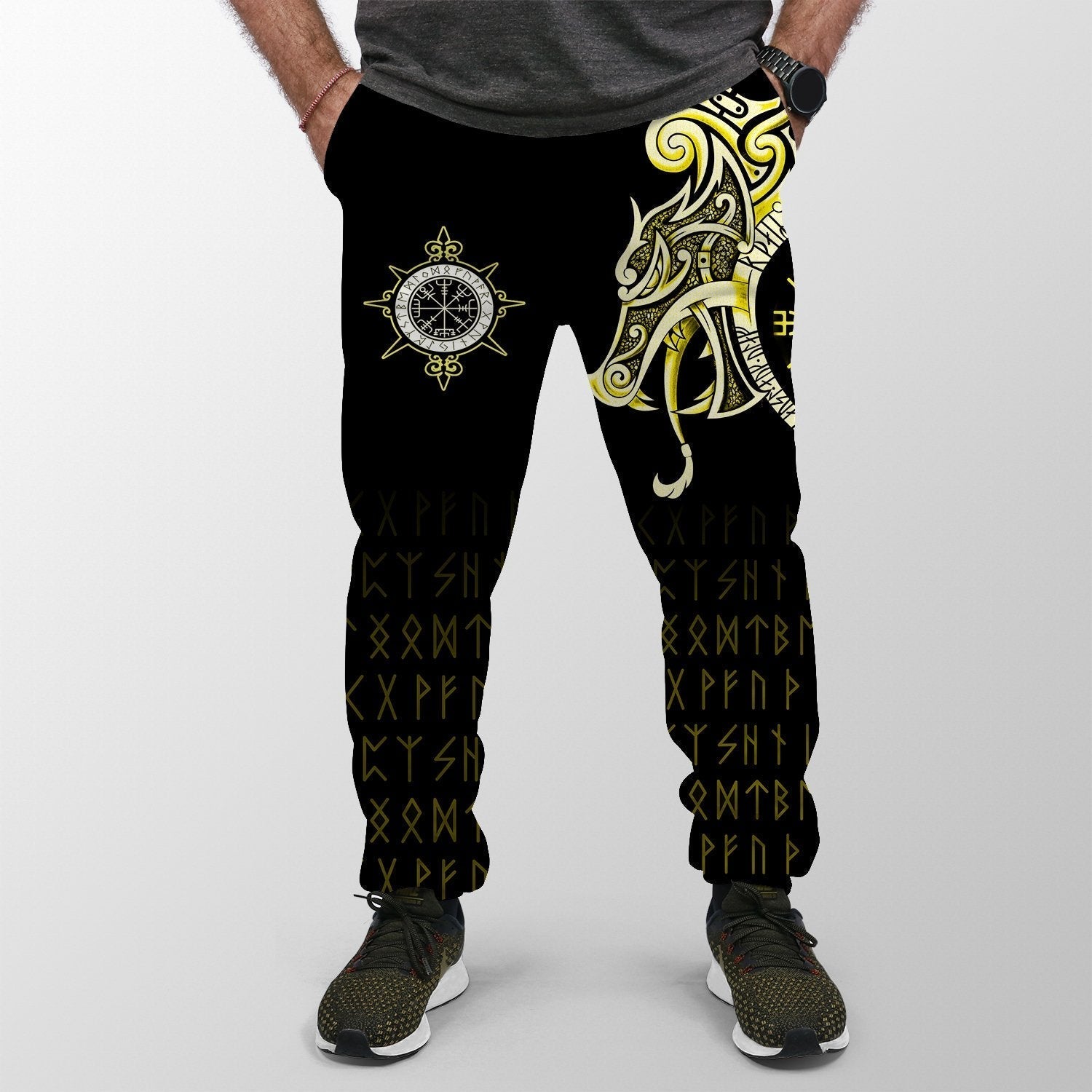 Viking Jogger (Women's/Men's), Fenrir Raven and Vegvisir Tattoo Yellow RLT12
