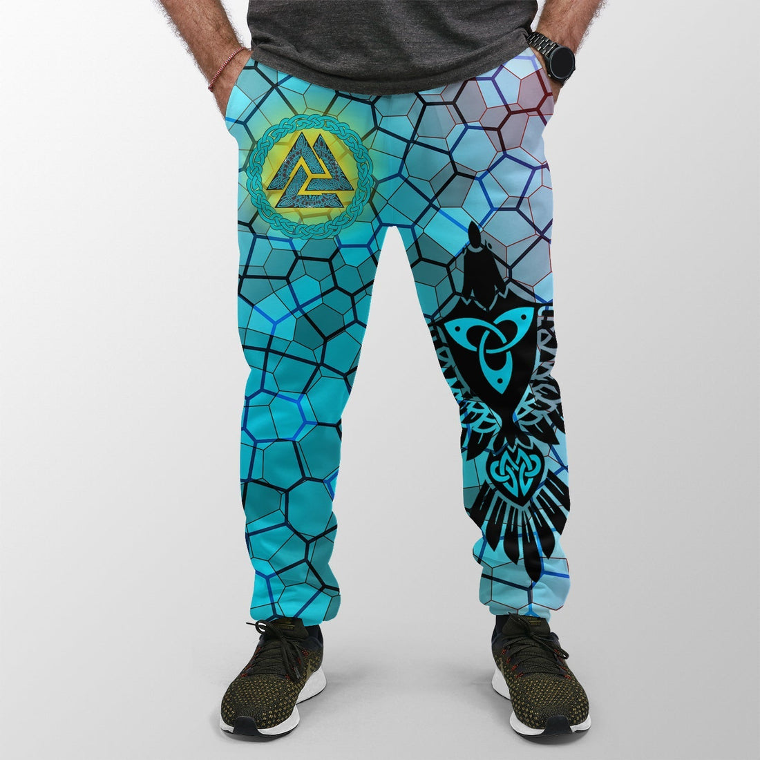 Viking Jogger (Women's/Men's) Raven Of Odin and Drakkar On Fire On Vignette Cyan Valknut RLT12