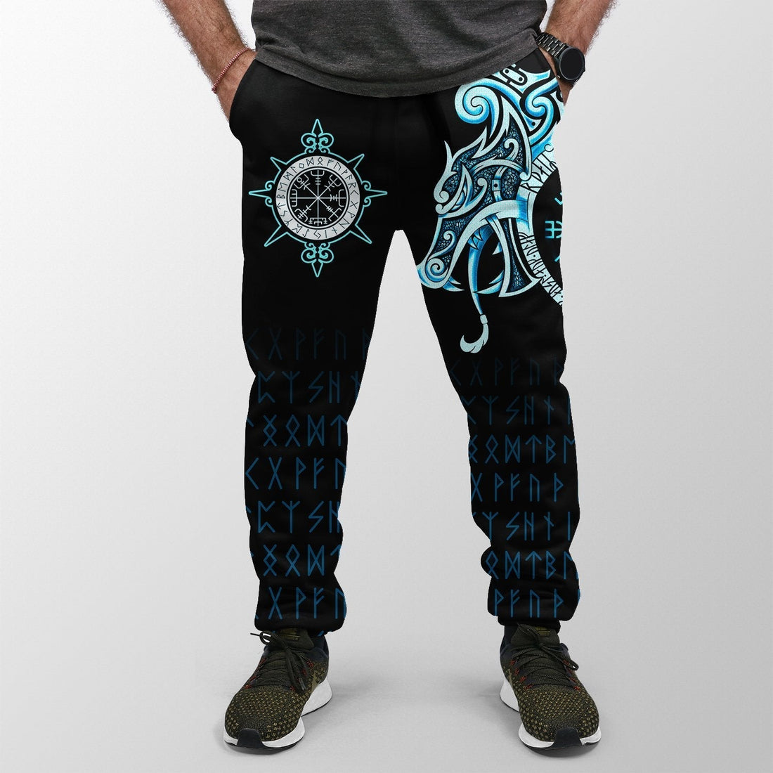 Viking Jogger (Women's/Men's), Fenrir Raven and Vegvisir Tattoo Cyan RLT12