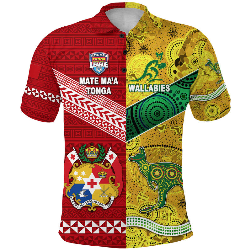 Custom Mate Maa Tonga Ngatu And Australia Wallabies Aboriginal Polo Shirt Rugby Together LT8