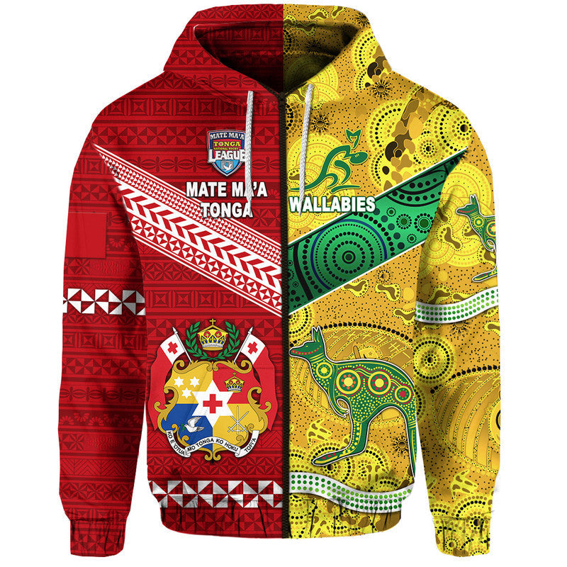 Custom Mate Maa Tonga Ngatu And Australia Wallabies Aboriginal Hoodie Rugby Together LT8