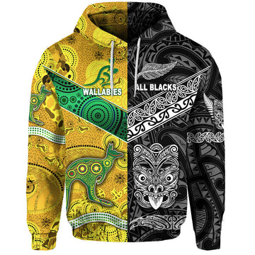 Custom New Zealand Maori All Black And Australia Wallabies Aboriginal Hoodie Rugby Together LT8