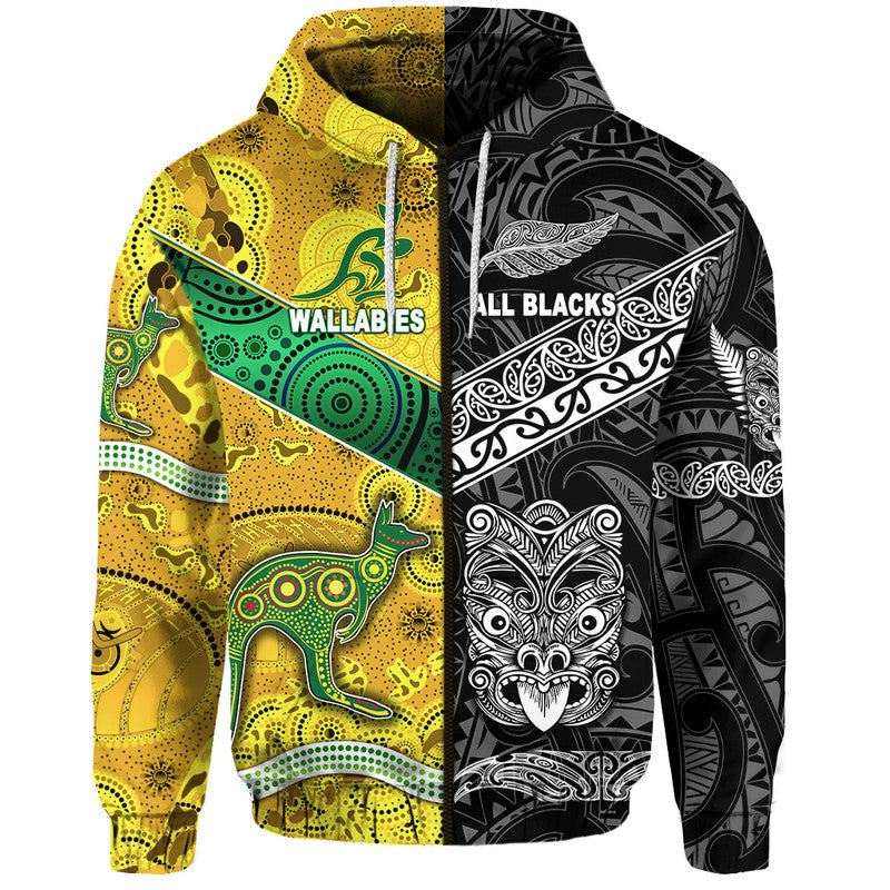 Custom New Zealand Maori All Black And Australia Wallabies Aboriginal Hoodie Rugby Together LT8