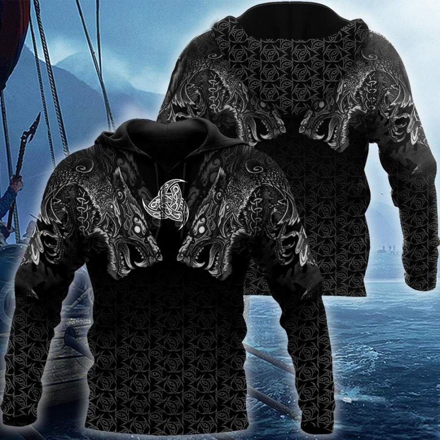 Viking Clothing Fenrir Wolf and Triple Horn Of Odin Viking Hoodie RLT12