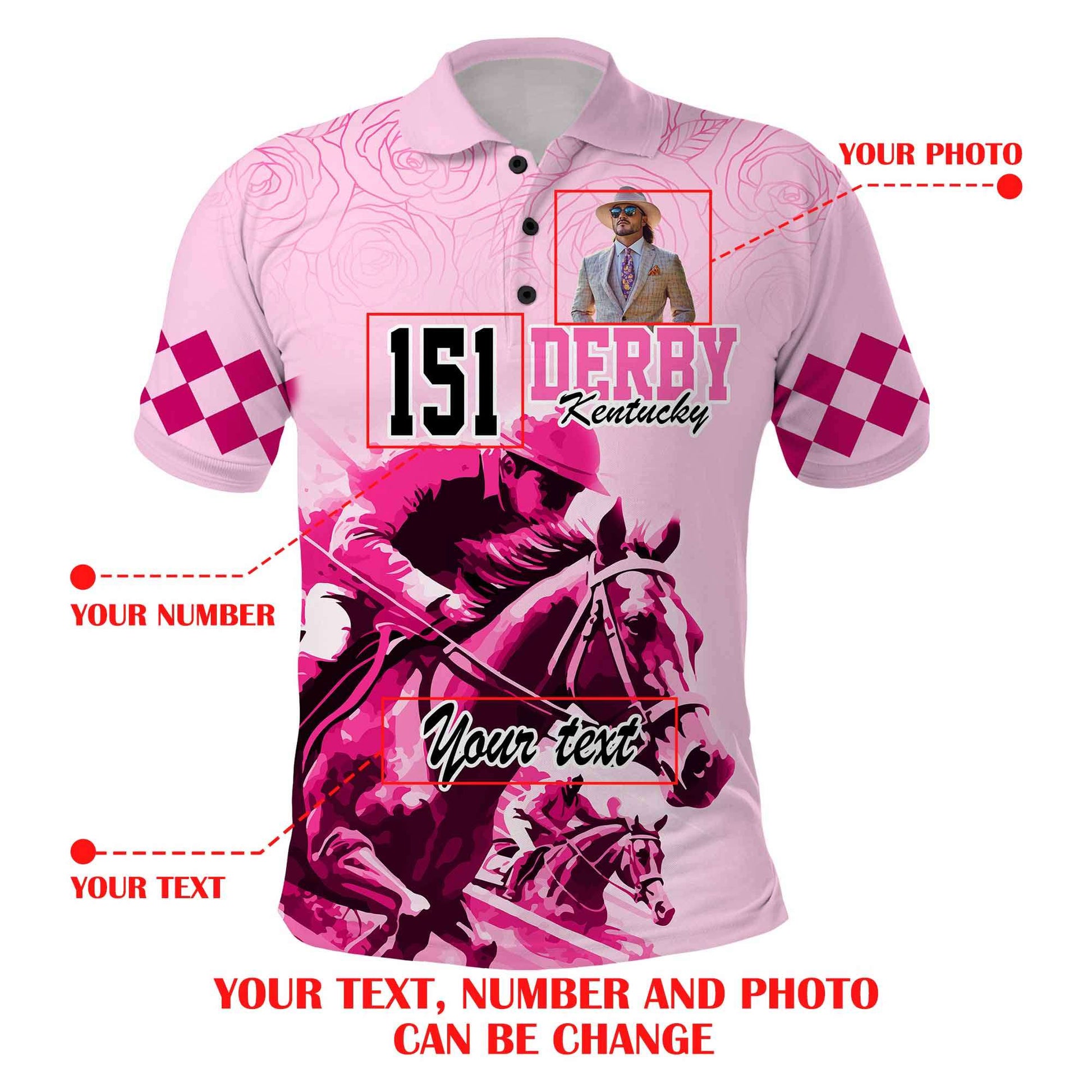 Custom Kentucky Derby Polo Shirt with Photo – Pink Out Party Horse Racing Design CTM09