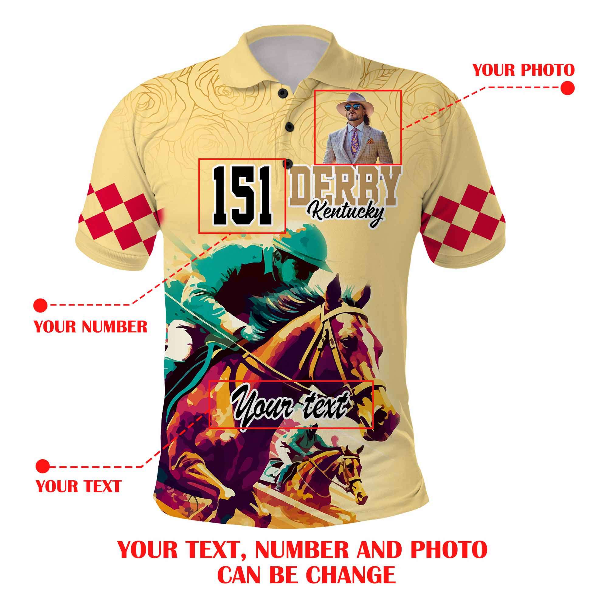 Custom Kentucky Derby Polo Shirt with Photo – Gold Anniversary Horse Racing Design CTM09