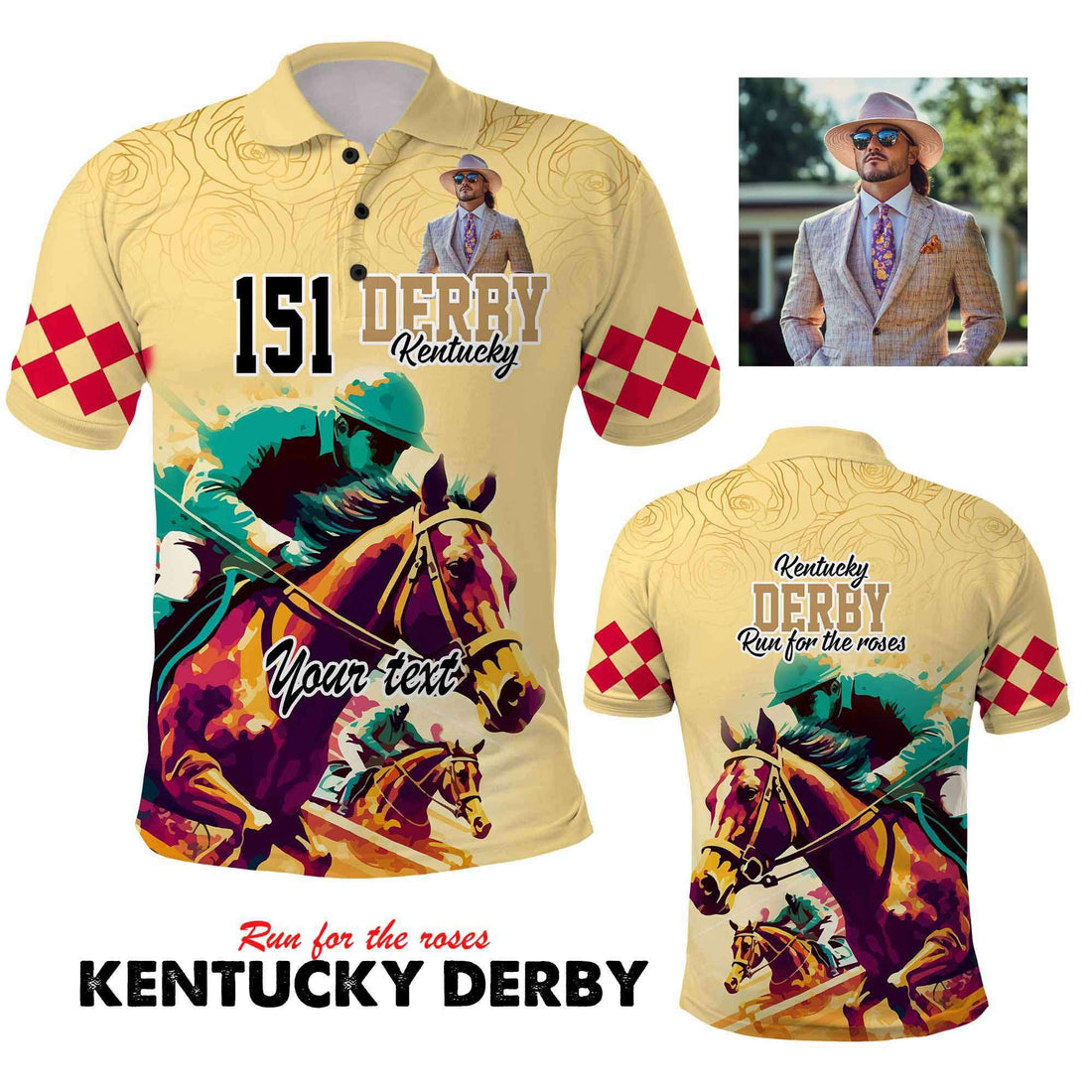Custom Kentucky Derby Polo Shirt with Photo – Gold Anniversary Horse Racing Design CTM09