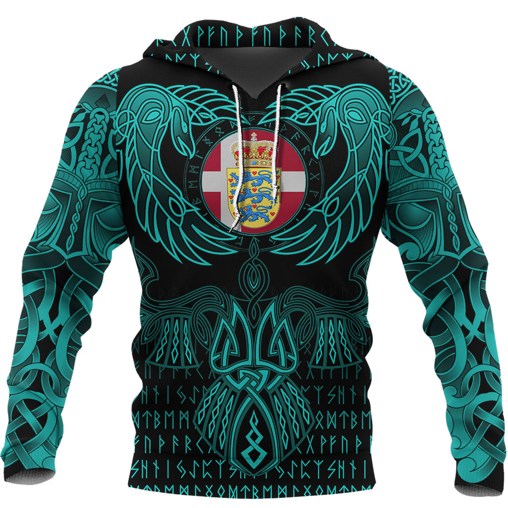 Viking Denmark Hoodie Valknut of Odin Cyan RLT12