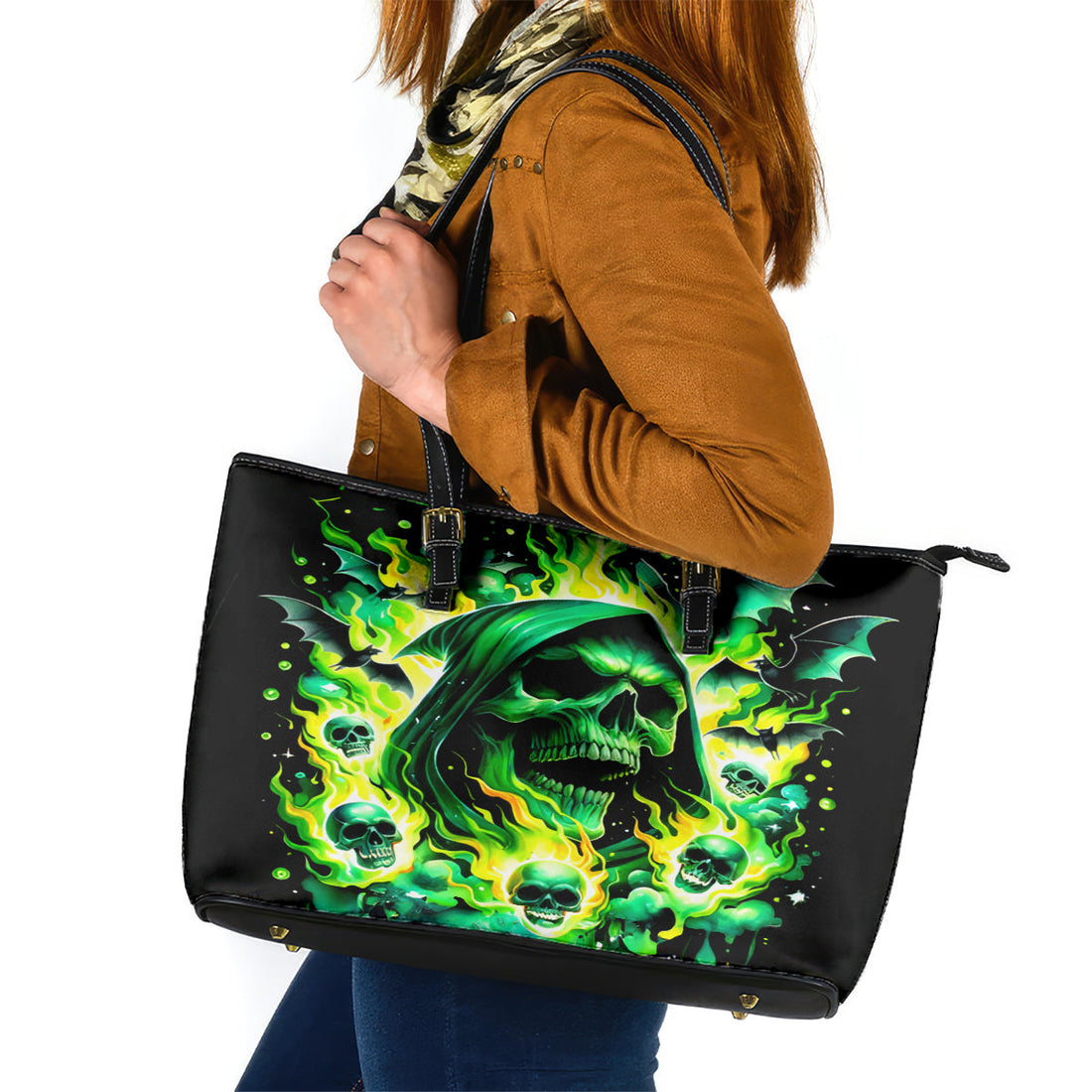 Flame Skull Leather Tote Bag Heaven Don't Want Me Hell Afraid I Take Over DT01